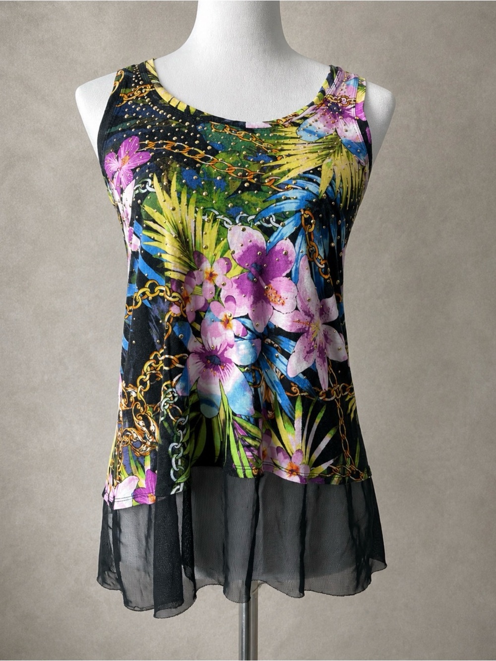 Jennifer Lopez Black Floral & Chain Print Tank with Sheer Hem